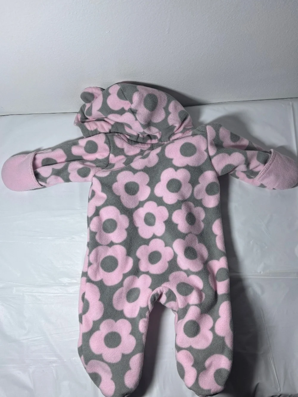 Carter’s Baby Girl Newborn Pink Gray Floral Fleece Hooded Bunting Snowsuit
